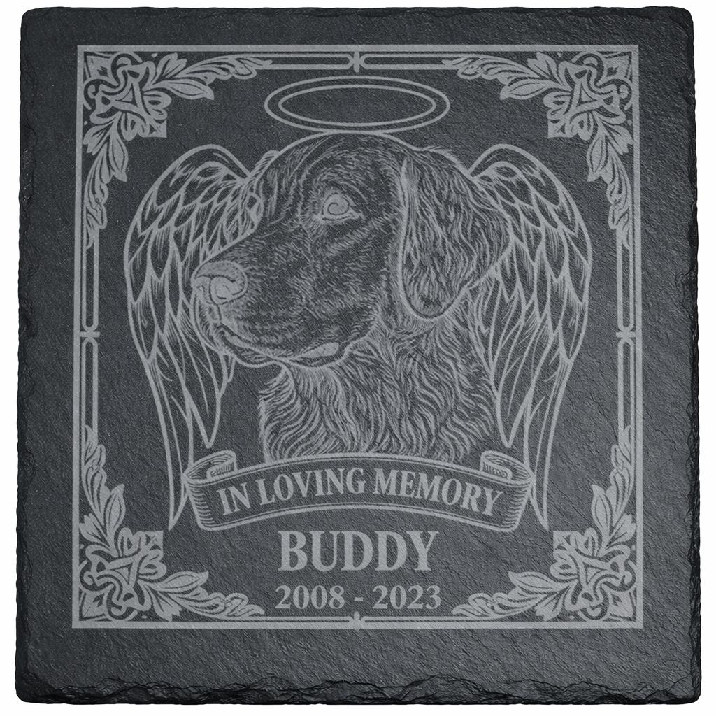 Personalisierte Schieferplatte Hund Gedenkstein mit Gravur | Fotogravur Hundegrabstein | Erinnerung Haustier 10x10 cm |