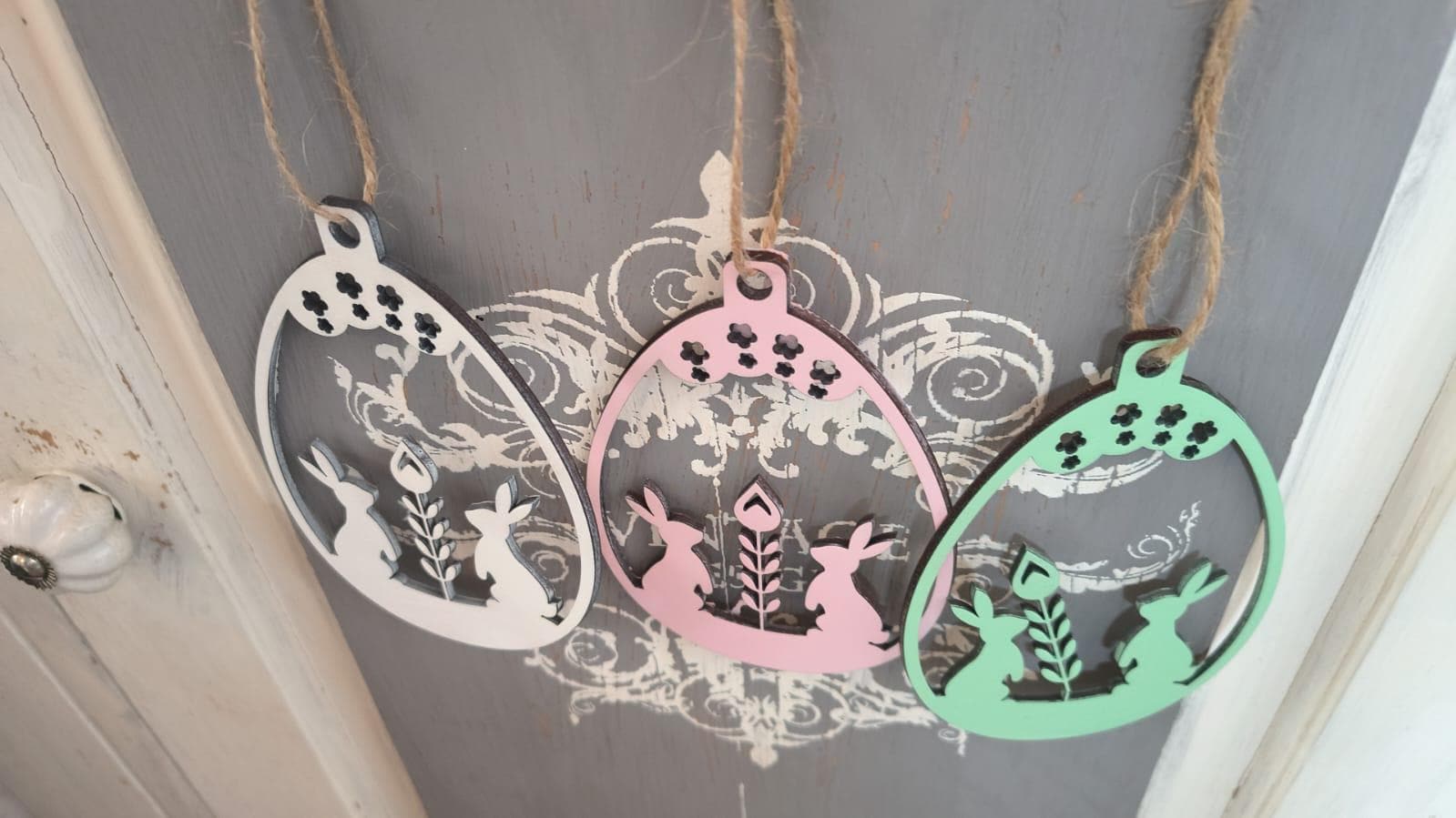 3er Set Osteranhänger aus Holz – Mint, Weiß & Rosa | Moderne Osterdeko | Geschenkanhänger Hase | Frühlingsdeko
