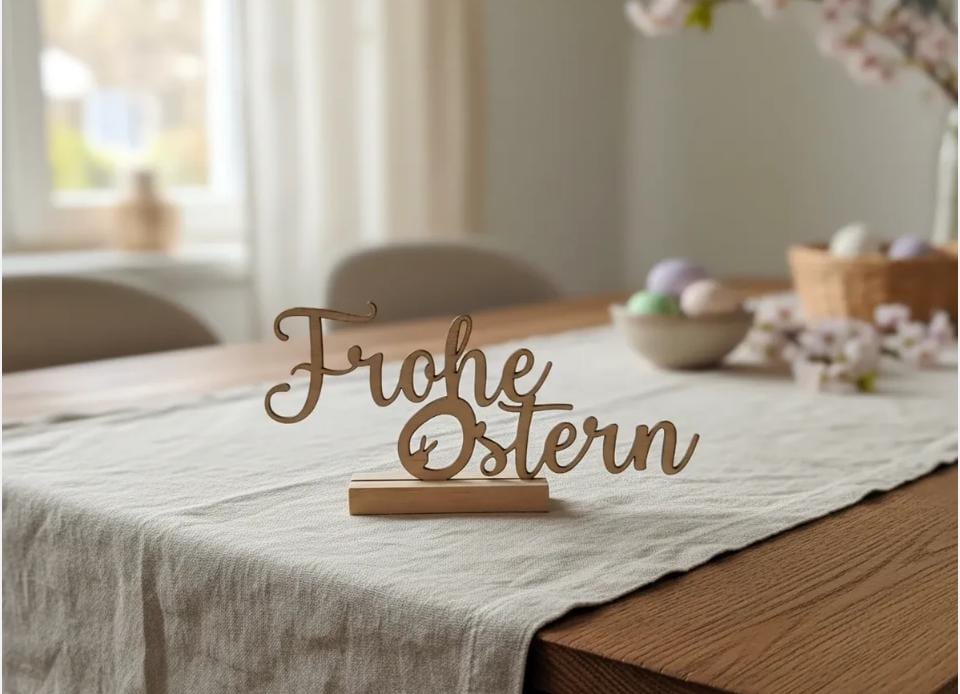 Osterdeko Aufsteller „Frohe Ostern“ | Moderner Schriftzug aus Holz | Frühlingsdeko Tischdeko | Handgefertigt
