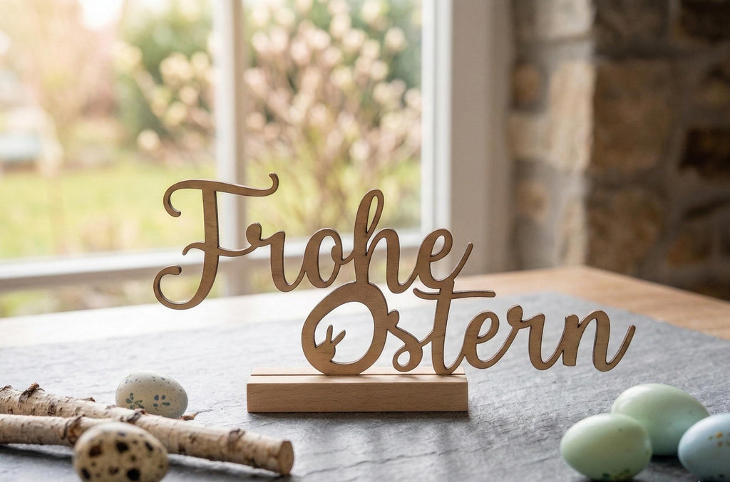Osterdeko Aufsteller „Frohe Ostern“ | Moderner Schriftzug aus Holz | Frühlingsdeko Tischdeko | Handgefertigt