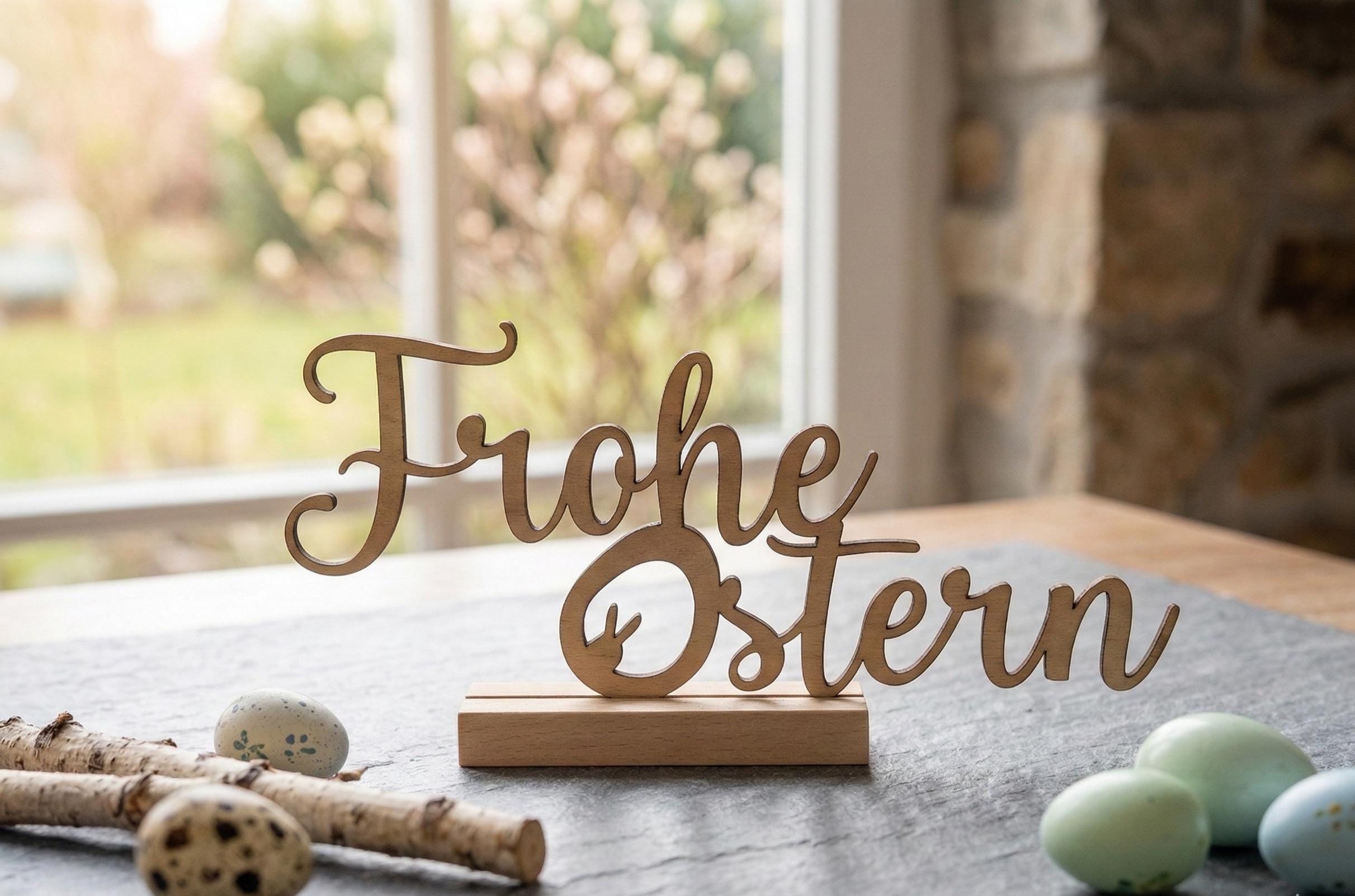Osterdeko Aufsteller „Frohe Ostern“ | Moderner Schriftzug aus Holz | Frühlingsdeko Tischdeko | Handgefertigt