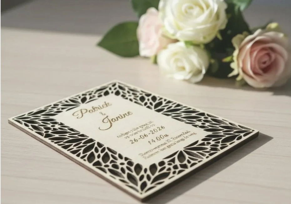 Holz Einladungskarten Hochzeit | Gelaserte Hochzeitseinladungen aus Echtholz | Rustikale Save the Date Karten personalisiert | Boho Wedding